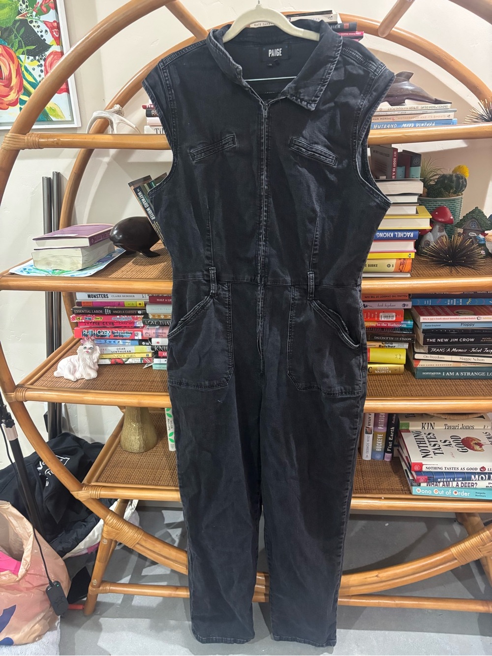 PAIGE Kids Black Sleeveless Denim One-Piece Jumpsuit with Front Pockets